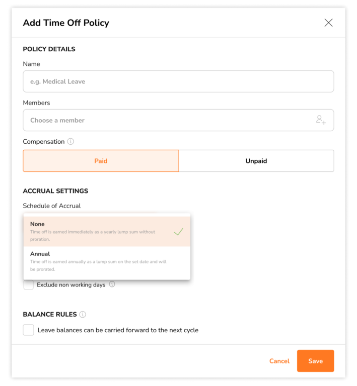 Selecting a schedule of accrual of none for paid time off policies