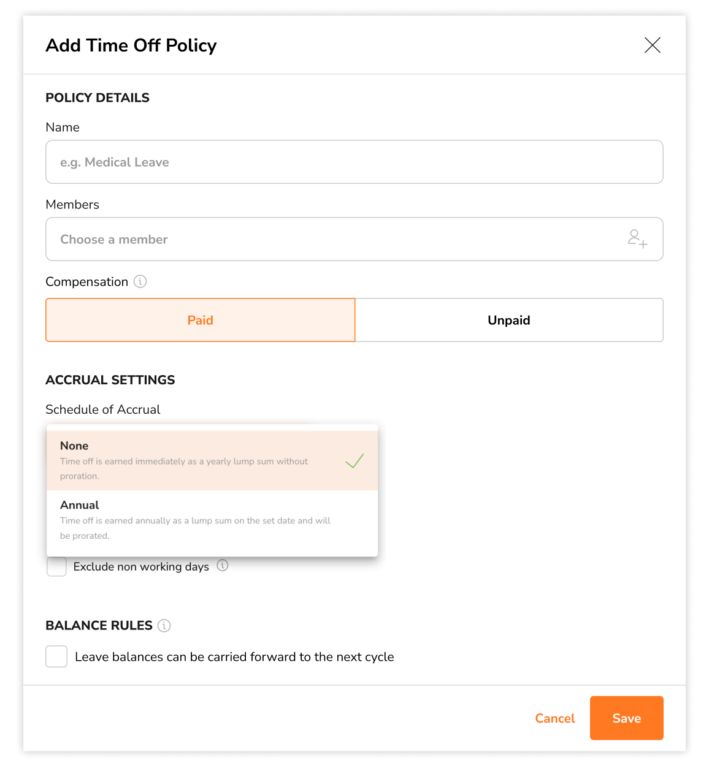 Selecting a schedule of accrual of none for paid time off policies