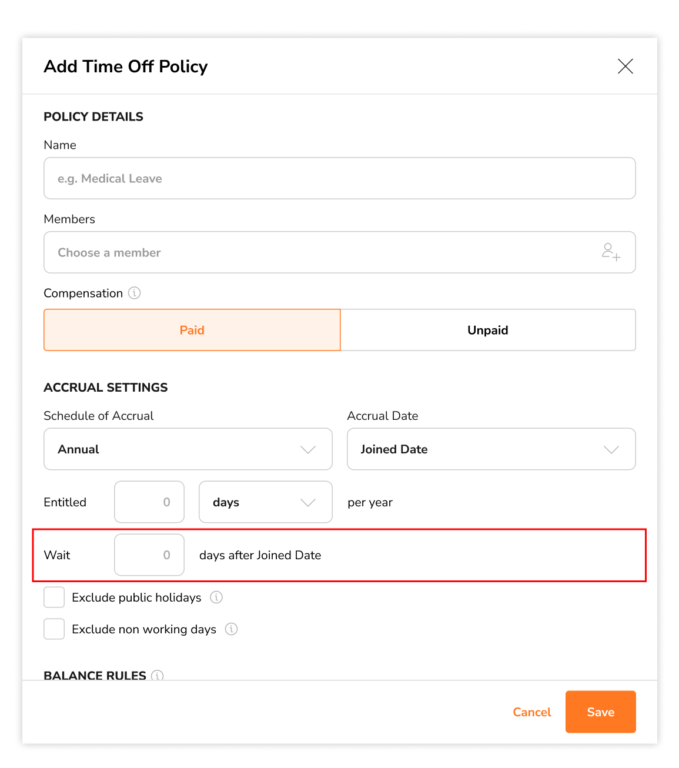 Entering a waiting period for time off policies based on joined date