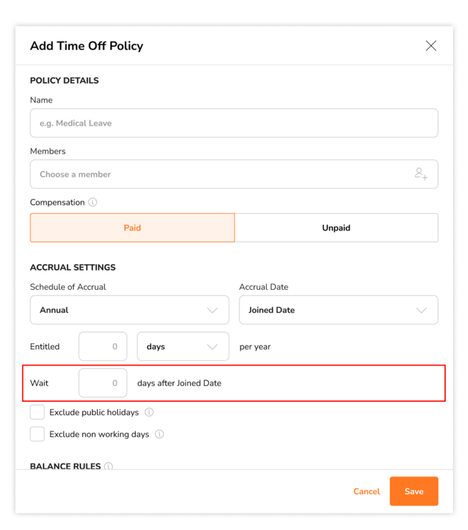 Entering a waiting period for time off policies based on joined date