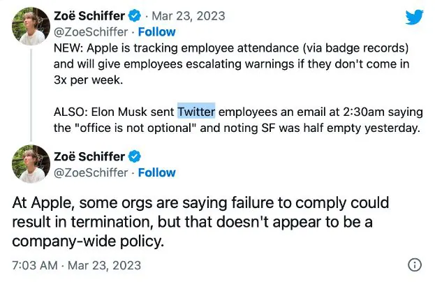 A display showing a couple of tweets written by Zoe Schiffer about time tracking.