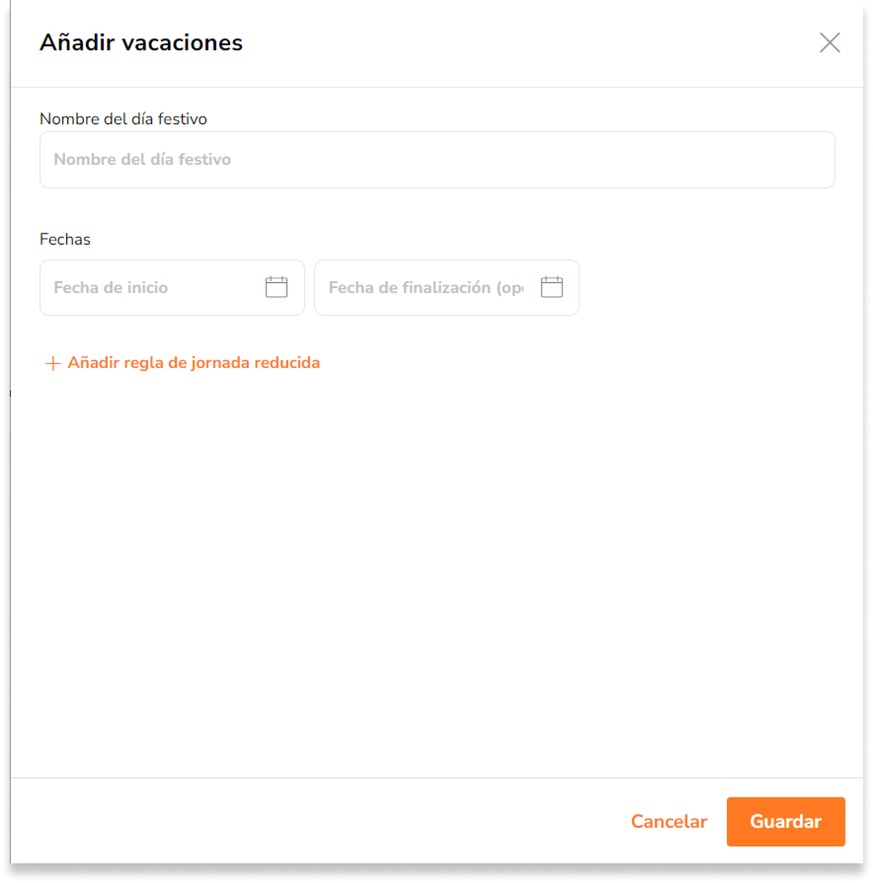 Introduce el nombre de la festividad y selecciona el intervalo de fechas para el que se aplicará la jornada reducida. Si está editando un día festivo existente, puedes saltarte este paso y continuar con el siguiente.