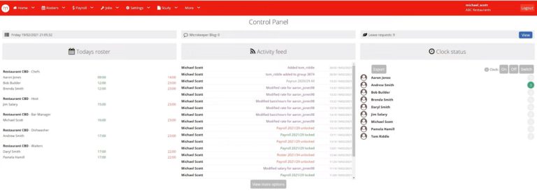 Microkeeper control panel showing roster, activity feed, and clock status