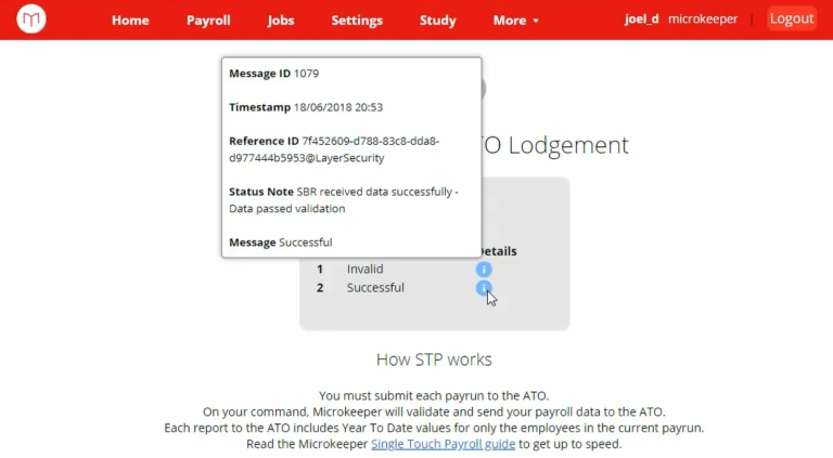 successful single touch payroll transaction in microkeeper