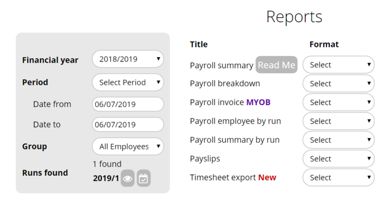 myob integration showing financial year, time period, and group of employees