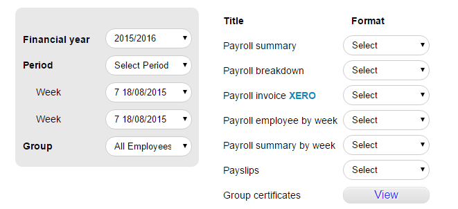 xero integration showing financial year, time period, and group of employees