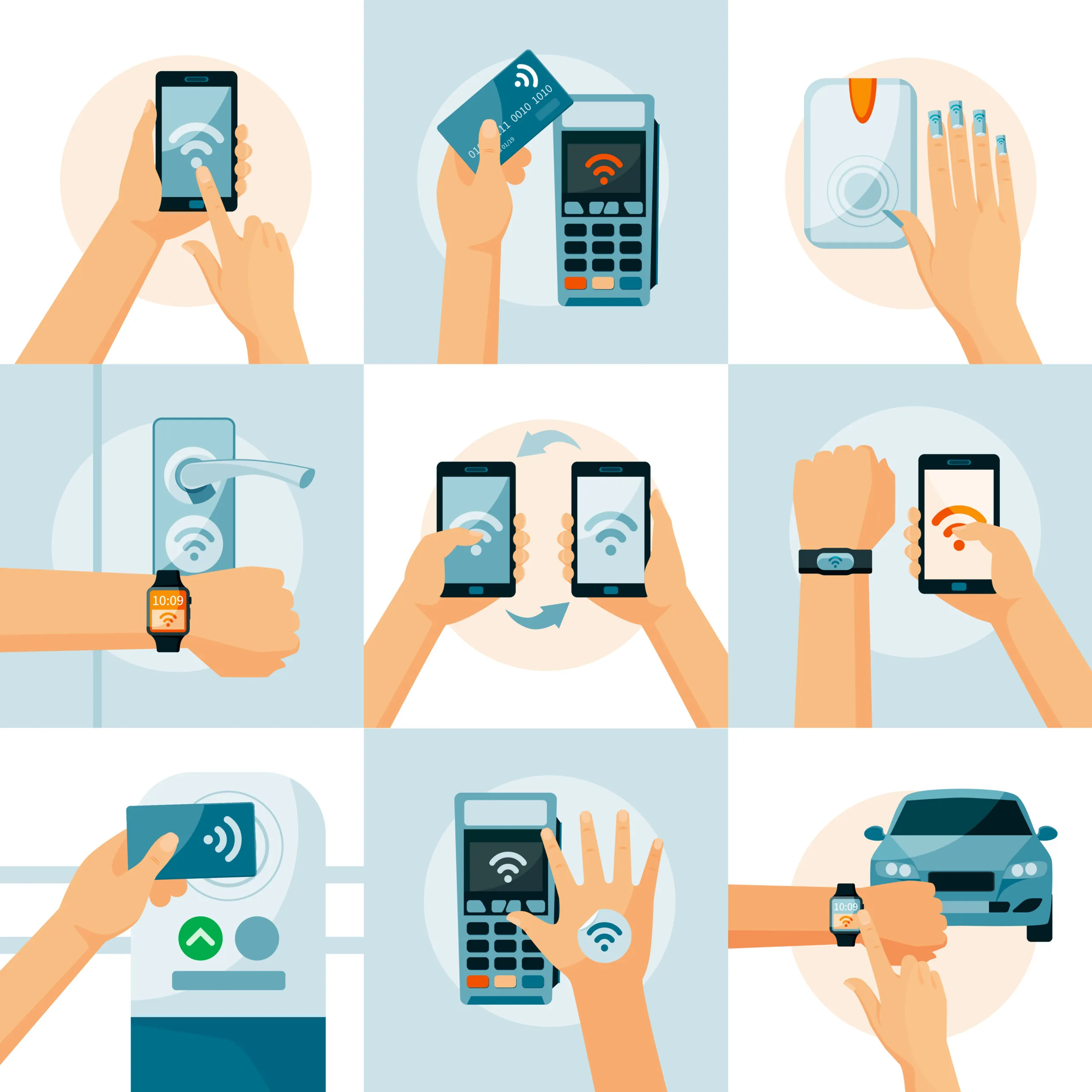 NFC technology flat style concept with smartphones and time tracking.