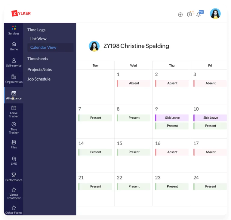 Zoho dashboard showing attendance schedule for an employee