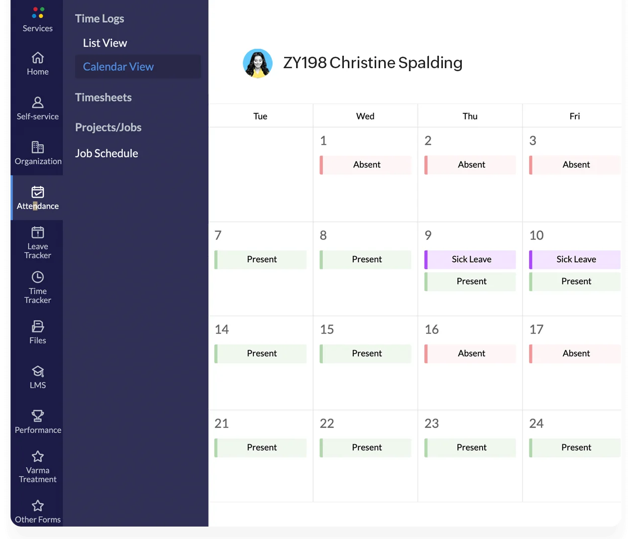 Showing attendance schedule for an employee