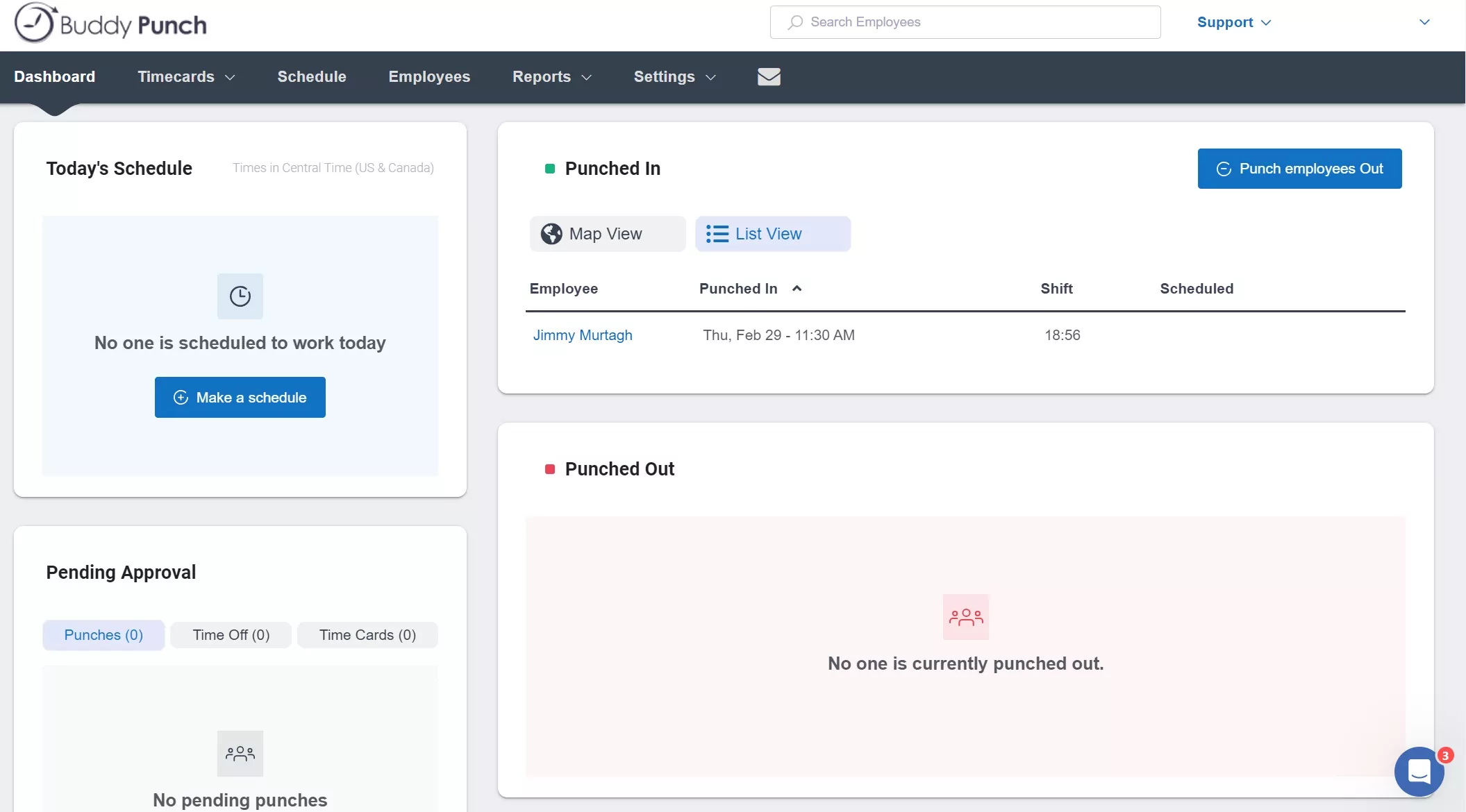 The Buddy Punch Dashboard section