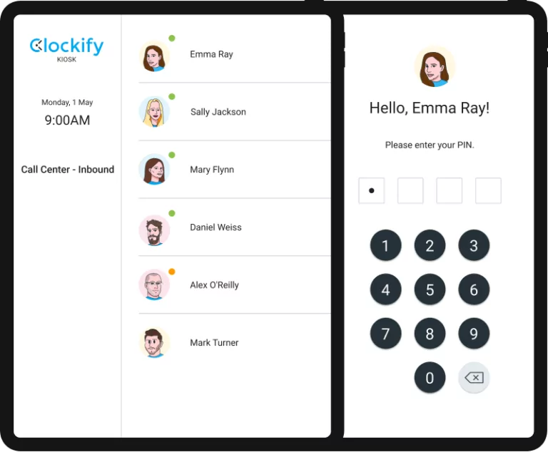 Bildschirm mit einer Liste der verfügbaren Personen im Callcenter von Clockify