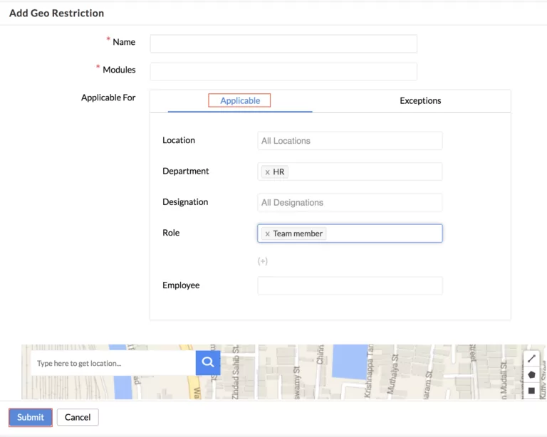 Screen showing Zoho geo restrictions form