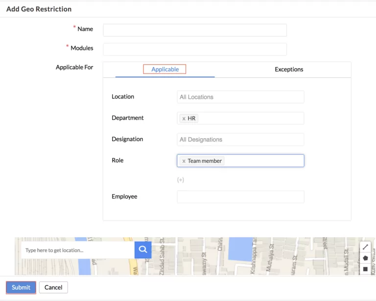 Tela mostrando o formulário de restrições geográficas do Zoho