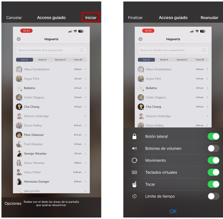 Start button and setting options for guided access