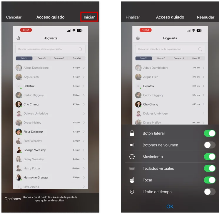 Start button and setting options for guided access