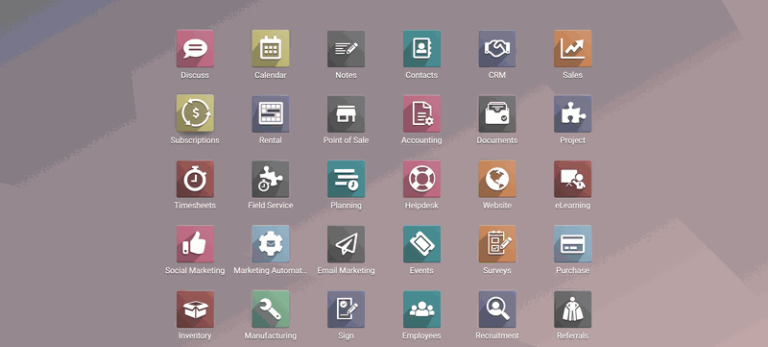 Graphic composed of the icons of various apps in the Odoo ERP/CRM system