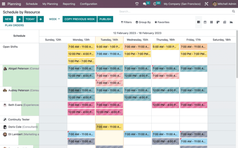 Screenshot of Odoo Planning resource scheduling