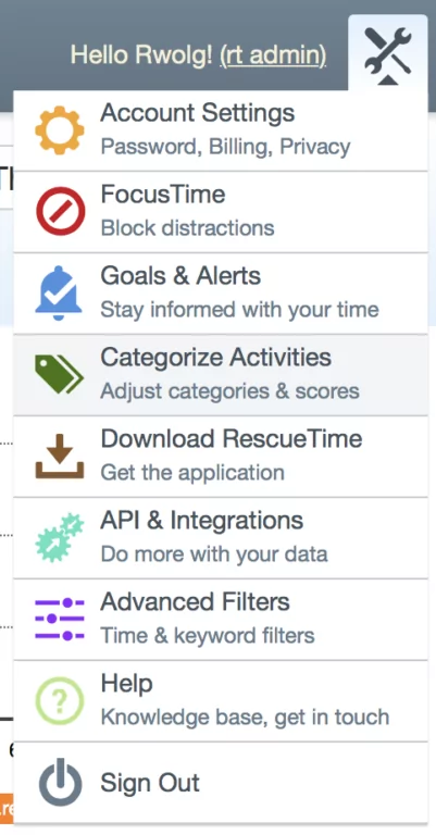 Showing list of features in RescueTime