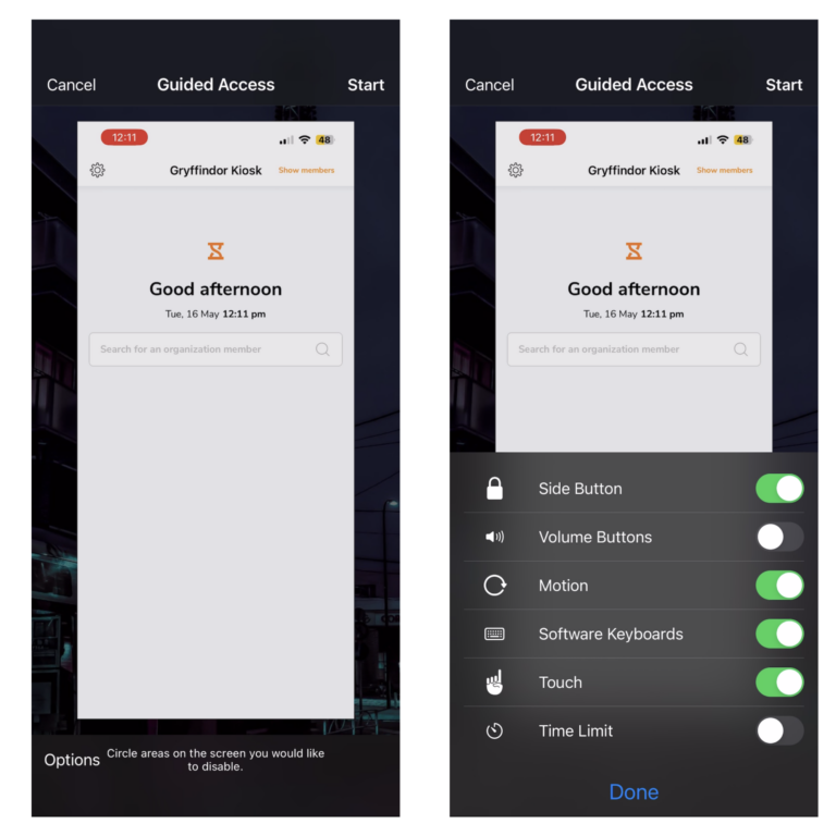 Starting a guided access session on iOS devices