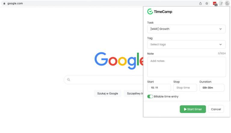 TimeCamp Time Tracking Plugin for Chrome