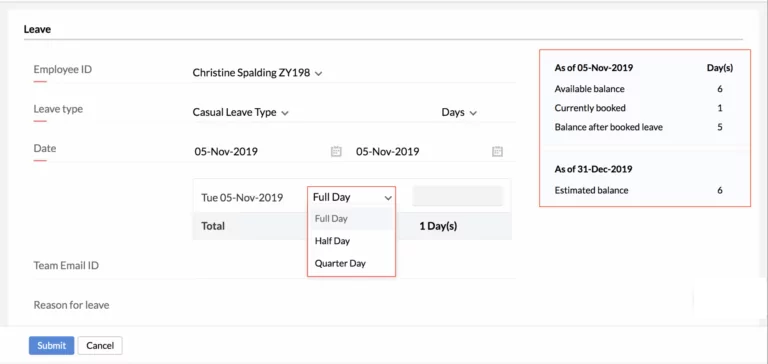 Visualizing the Zoho form for applying for leave