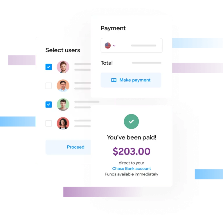 Graphic composed of screen mockups of various Trolley payout automation features