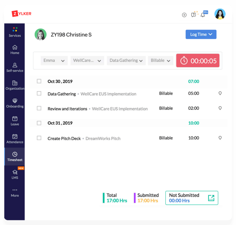 Screenshot of Zoho Time Tracking with active timer and timesheet entries