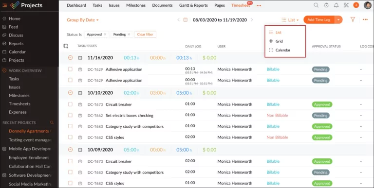 Screen showing Zoho's navigation