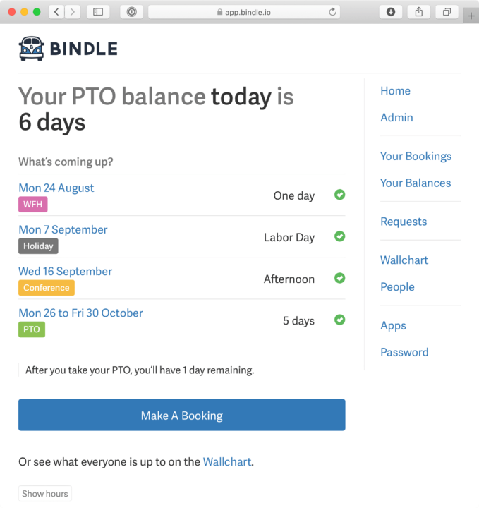 Employee PTO balance displayed on Bindle