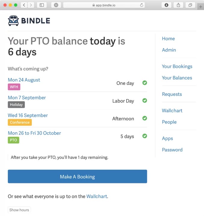 Employee PTO balance displayed on the Bindle PTO tracker