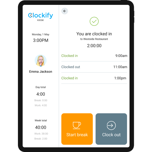 Registro de entrada com o app do Clockify em um tablet