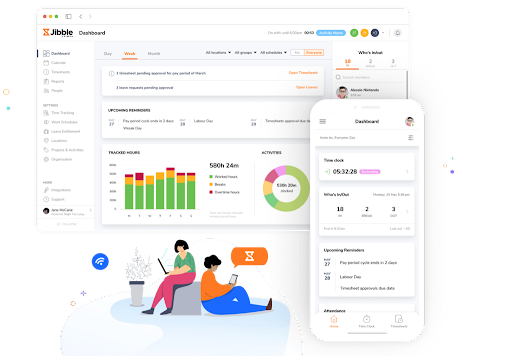 Jibble's time tracking dashboard on web app and mobile