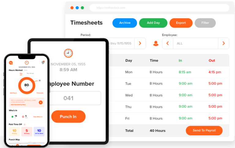 The time clock kiosk offered by OnTheClock displayed on mobile and tablet.