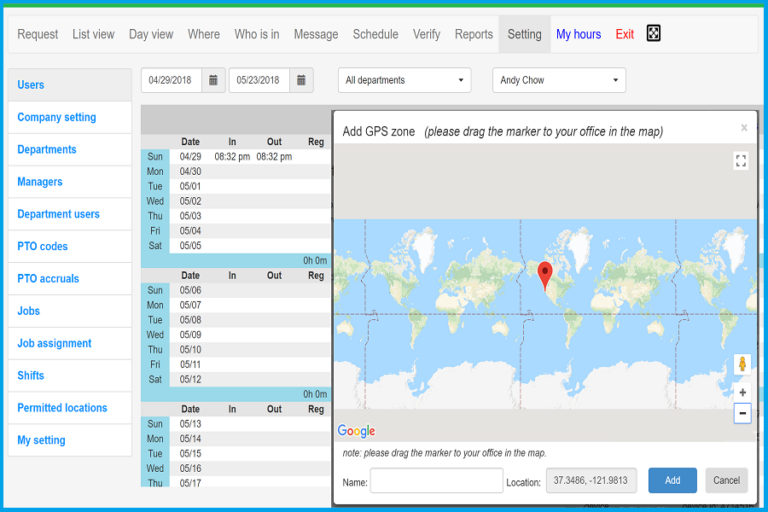 Open time clock tracking with GPS system