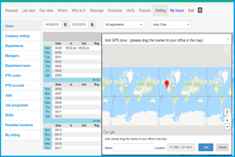 Open time clock tracking with GPS system