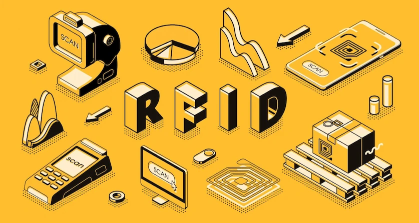 Vecteur expliquant la technologie RFID utilisée pour le suivi du temps