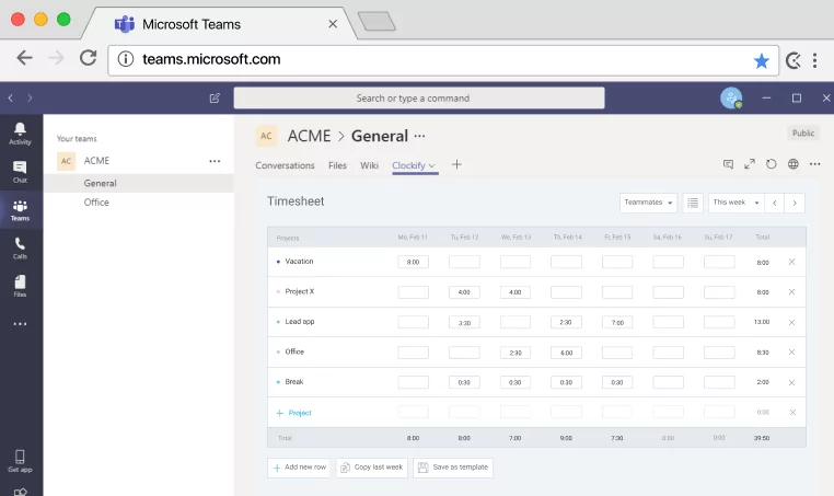 Clockify's integration with MS Teams