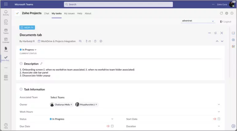 Integrazione di Zoho Projects per MS Teams