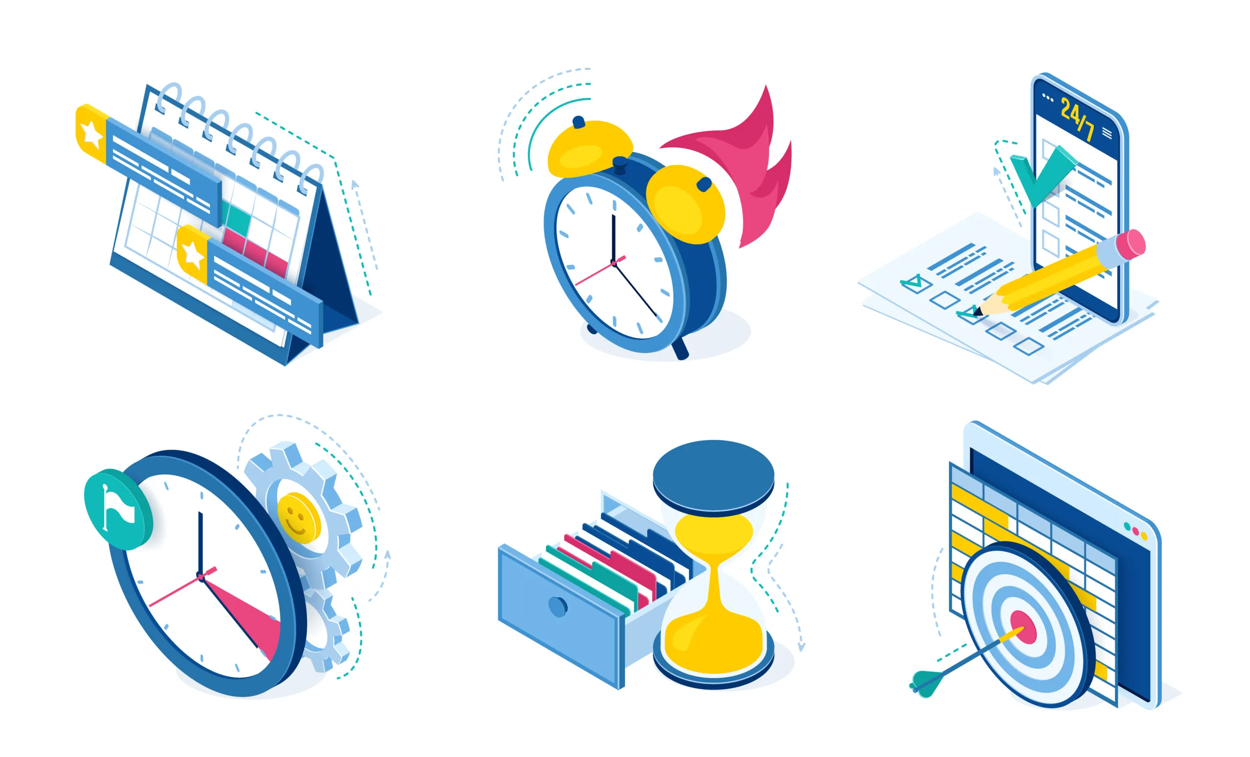 Iconos de seguimiento de tareas y tiempo con reloj, calendario, lista de comprobación y smartphone.