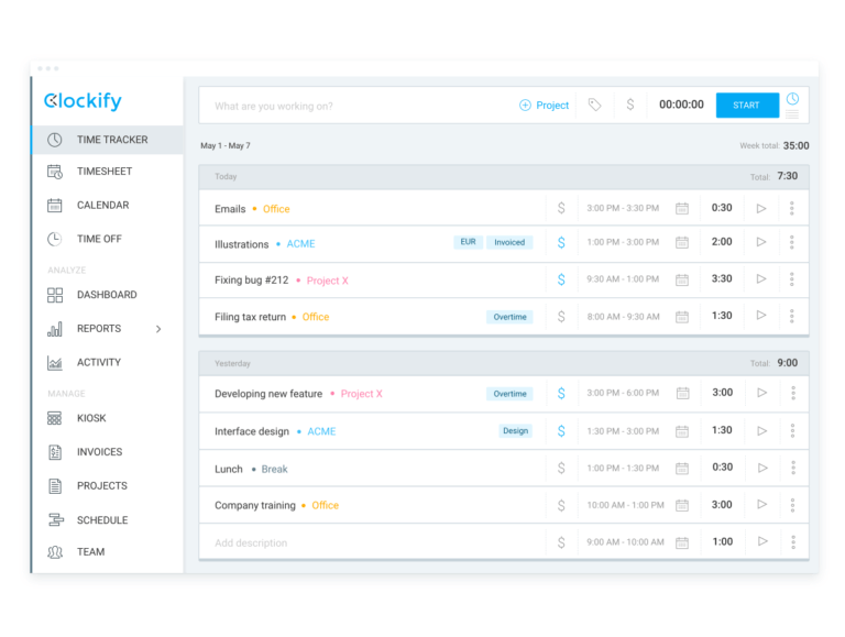 Panoramica del time tracker di Clockify