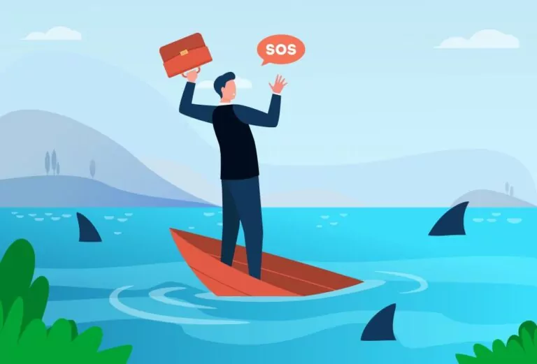 Vector illustration of a worker on a sinking boat surrounded by sharks by pch.vector on Freepik.