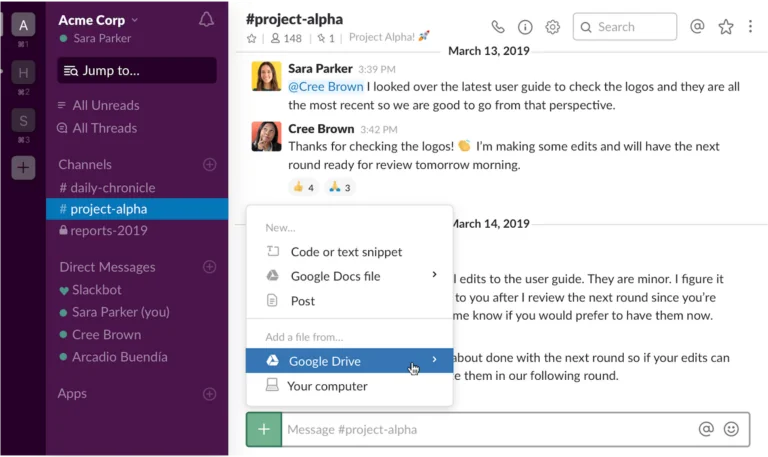 Integrazione di Google Drive per la condivisione di file su Slack.