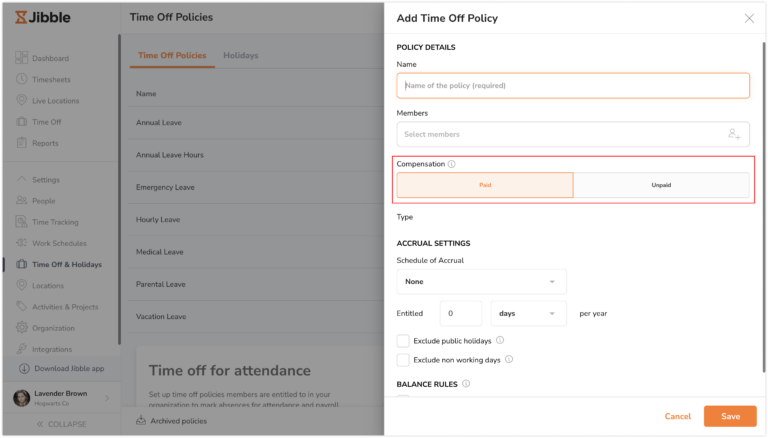 Paid and unpaid compensation fields for time off policies