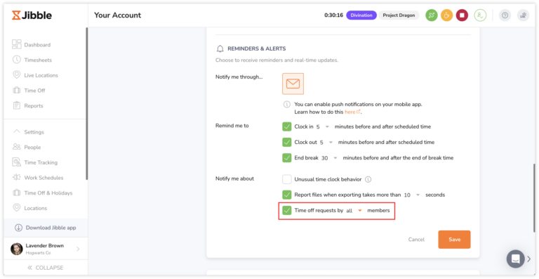 Enabling time off notifications for owners and admins