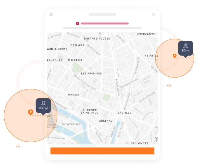A map on a geofencing attendance system showing employee locations.