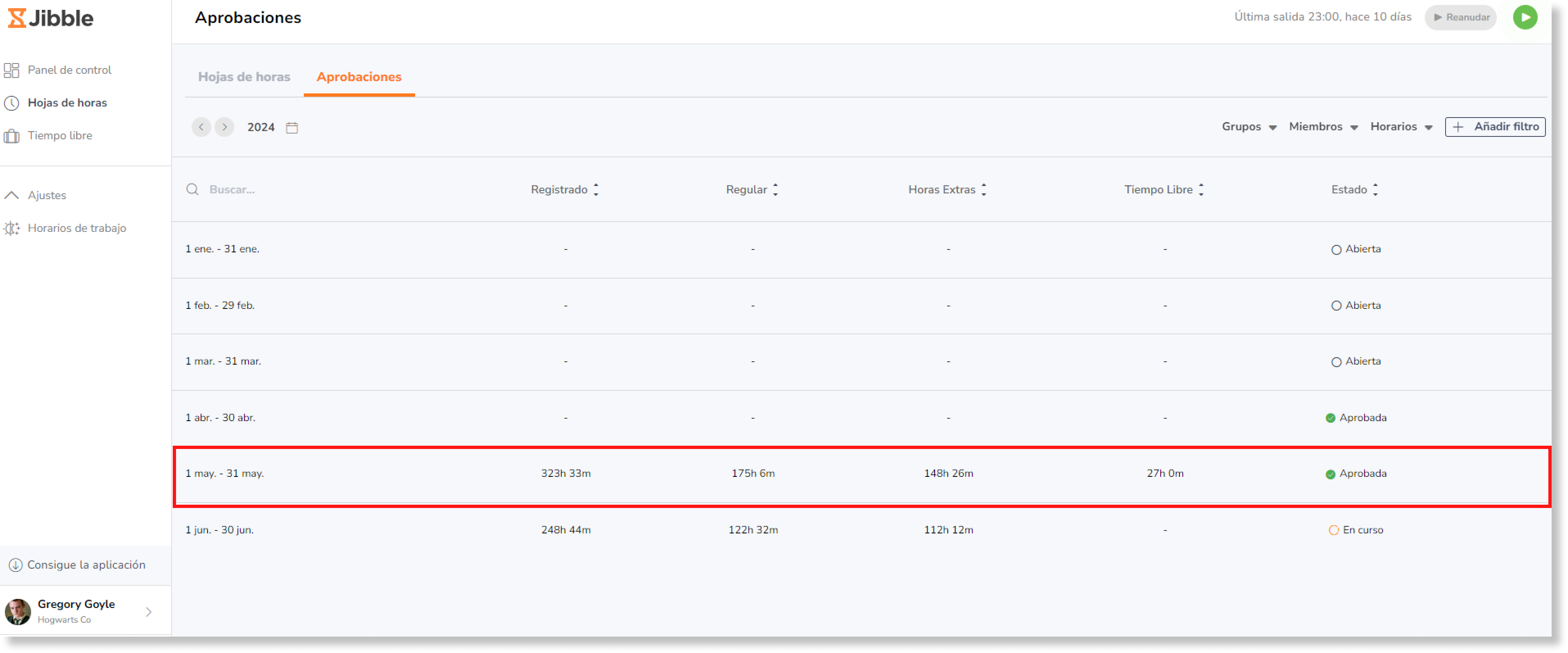 Haz clic en el periodo de pago para el que deseas ver la captura de horario. 