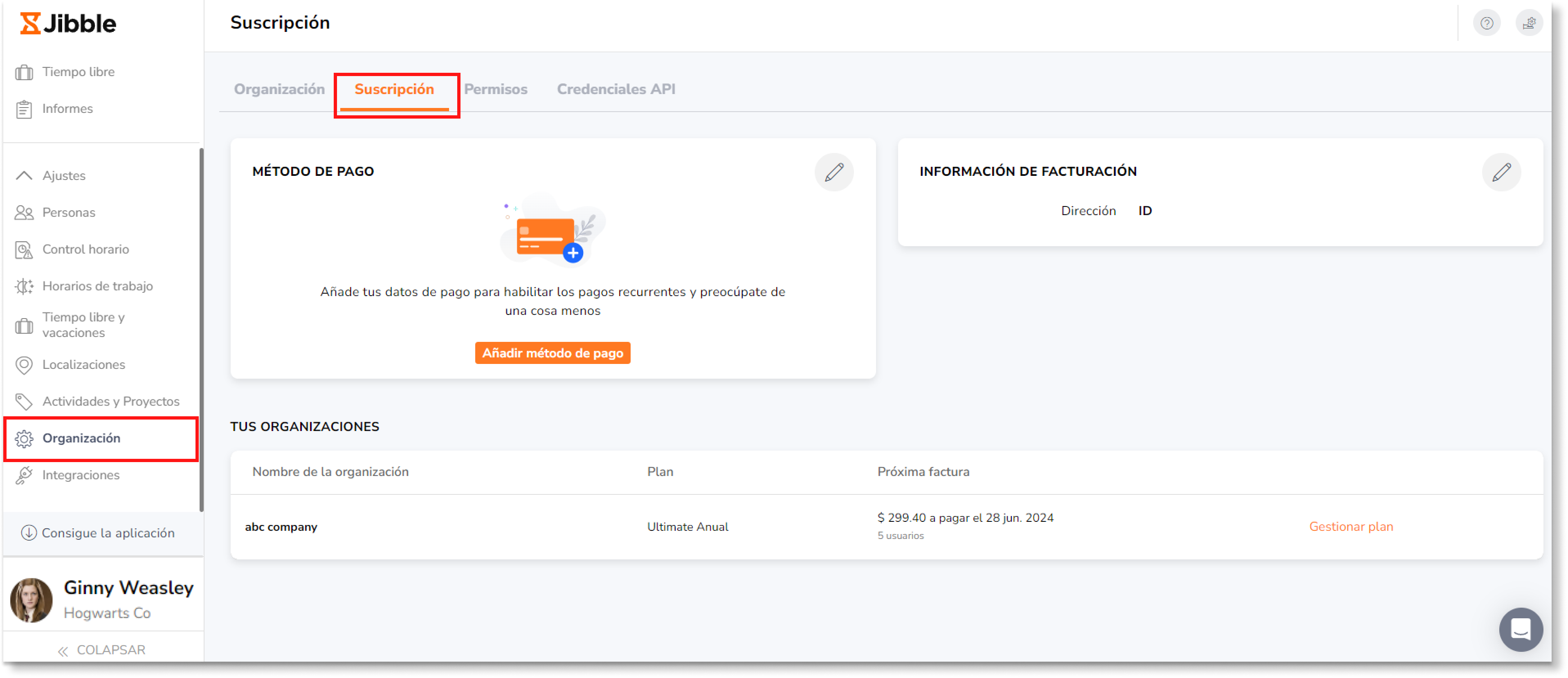 Accede a tu cuenta Jibble en la web y dirígete a Organización > Suscripción.