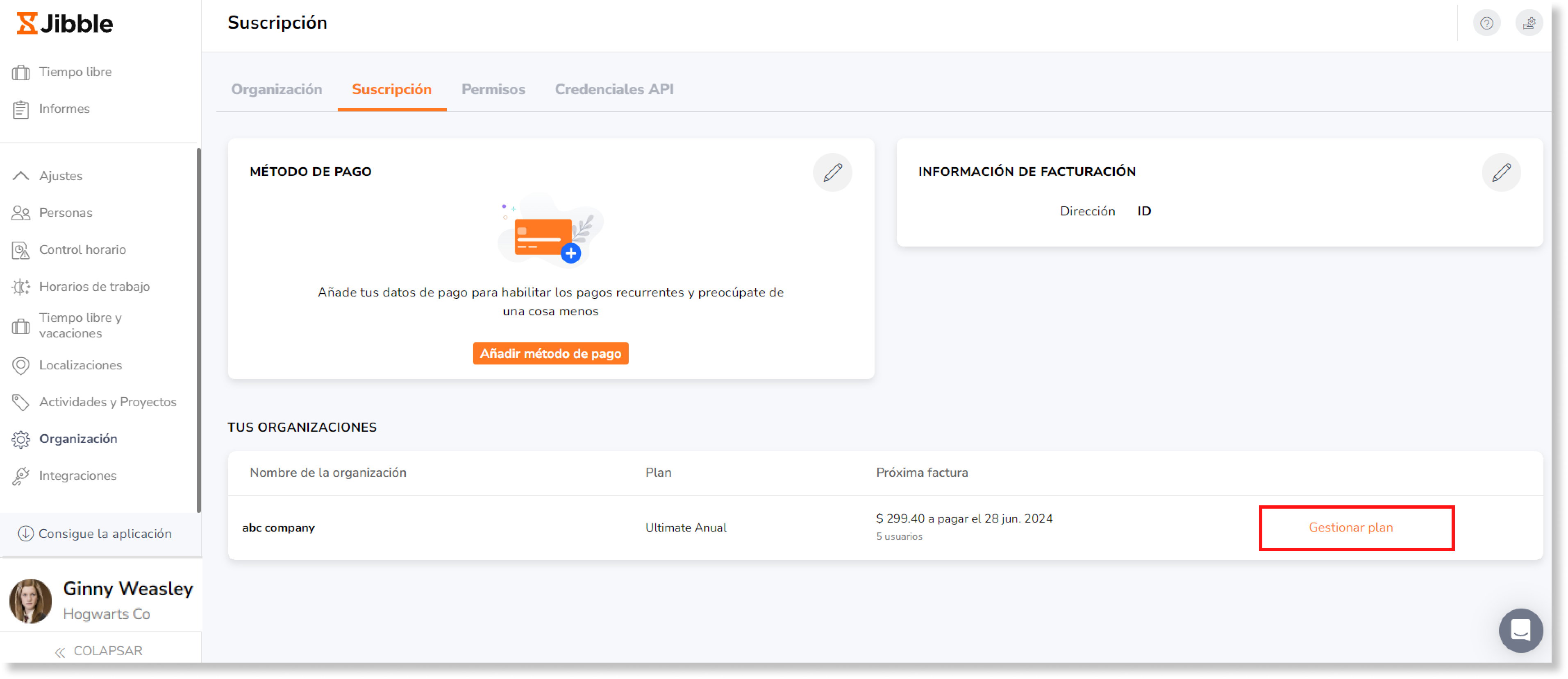 Si tu organización está disfrutando de una prueba gratuita de Jibble, haz clic en Gestionar plan y selecciona el plan que quieres seguir utilizando una vez finalizada la prueba. 