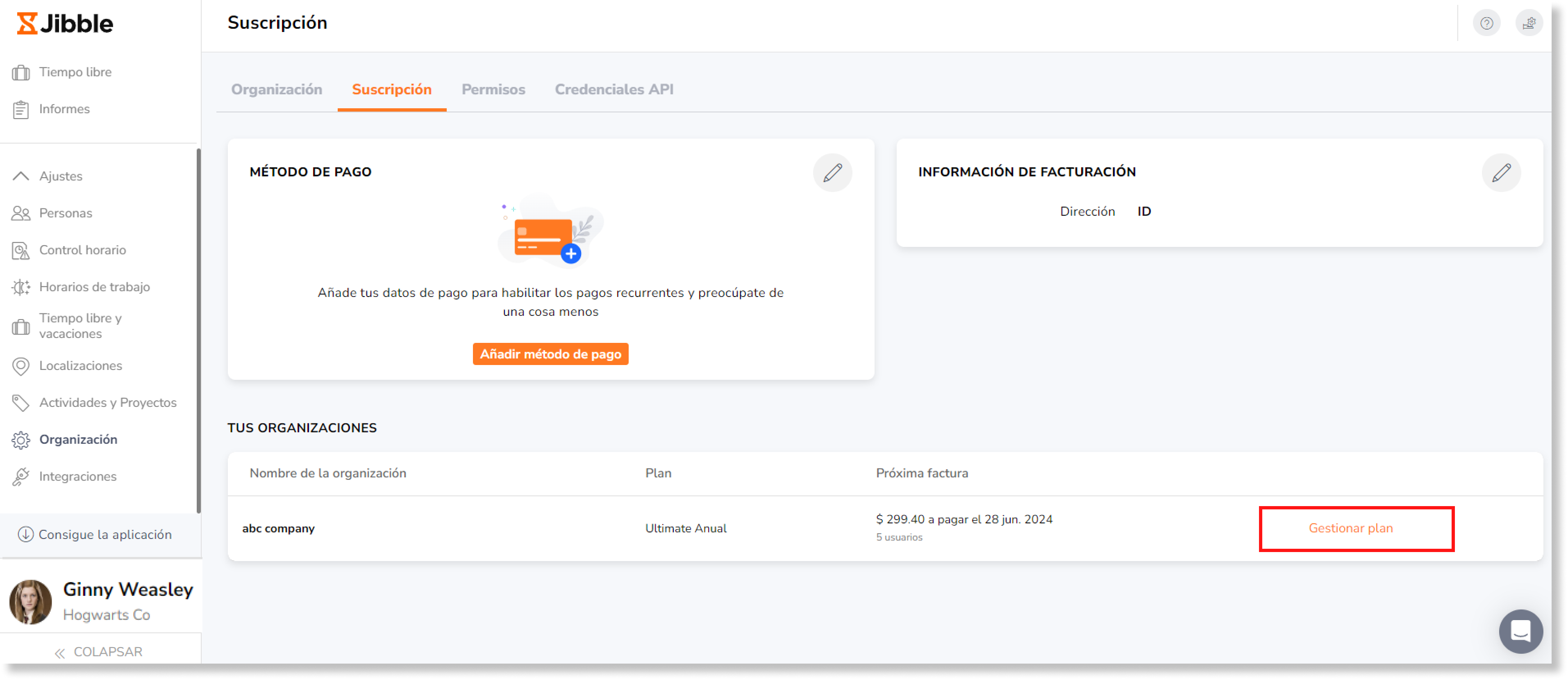 Si tu organización está disfrutando de una prueba gratuita de Jibble, haz clic en Gestionar plan y selecciona el plan que quieres seguir utilizando una vez finalizada la prueba. 