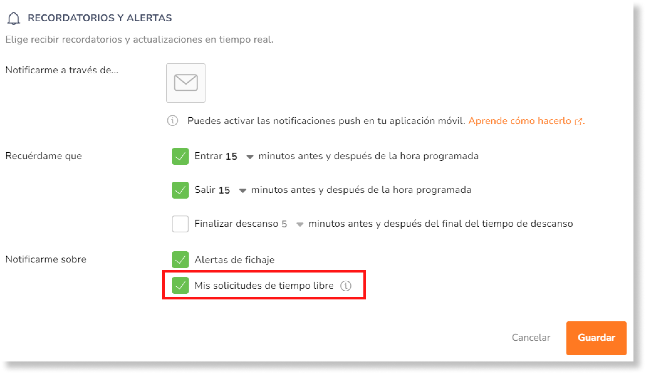Para las funciones de los miembros, sólo es aplicable el ajuste Mis solicitudes de tiempo libre.